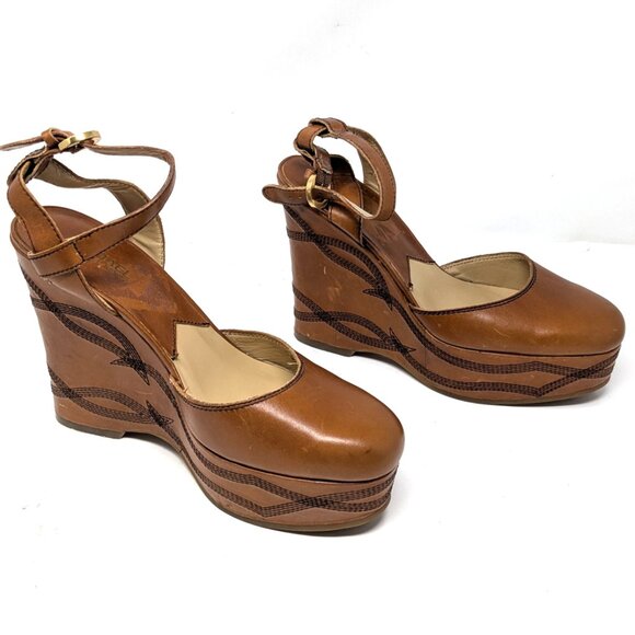 Michael Kors Closed Toe Platform Wedge Shoes Ankle Strap Tan Hide 8.5 Embroidery - Picture 6 of 16